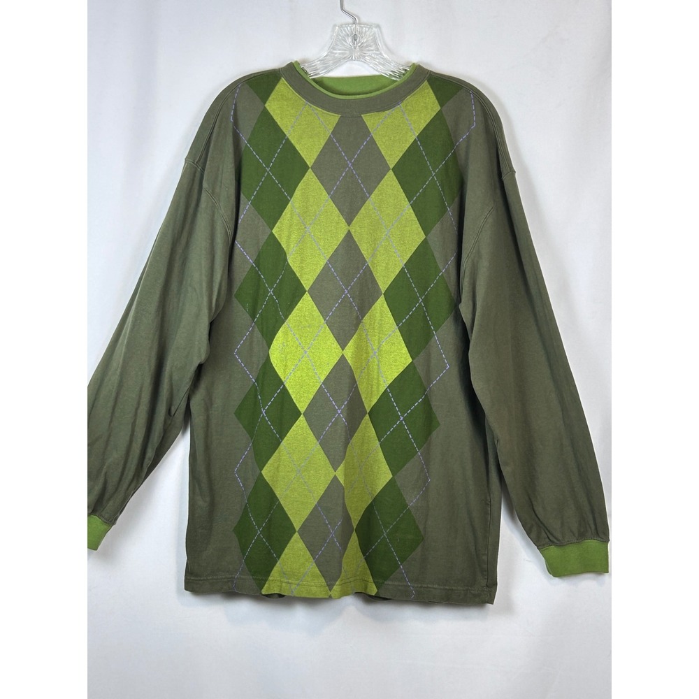 Mens Green Argyle Long Sleeve Cotton T-Shirt Crew Neck Preppy Pullover